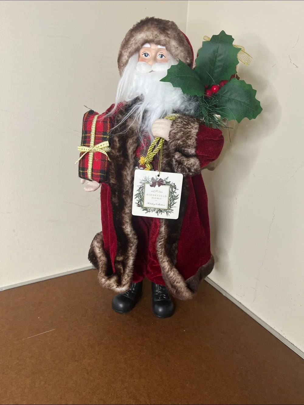 Classic Red Velvet Santa Figurine with Faux Fur Trim